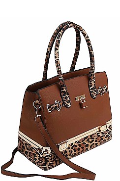 TWO TONE 2 IN 1 LEOPARD SATCHEL WITH MATCHING WALLET