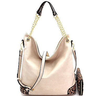 2-Way Leopard Print Detail Chain Hobo Wallet SET