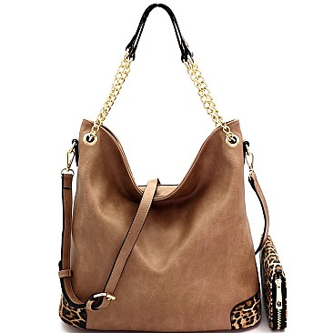 2-Way Leopard Print Detail Chain Hobo Wallet SET