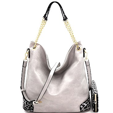 2-Way Leopard Print Detail Chain Hobo Wallet SET