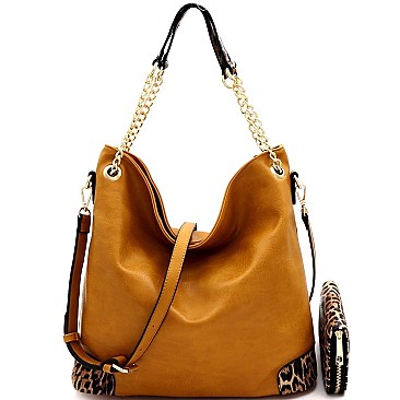 2-Way Leopard Print Detail Chain Hobo Wallet SET