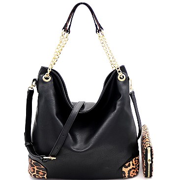 2-Way Leopard Print Detail Chain Hobo Wallet SET