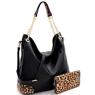 2-Way Leopard Print Detail Chain Hobo Wallet SET