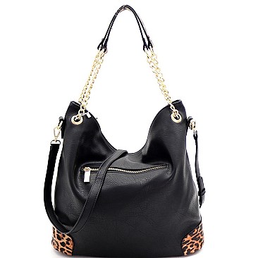 2-Way Leopard Print Detail Chain Hobo Wallet SET