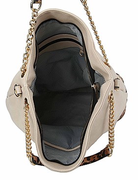 2-Way Leopard Print Detail Chain Hobo Wallet SET