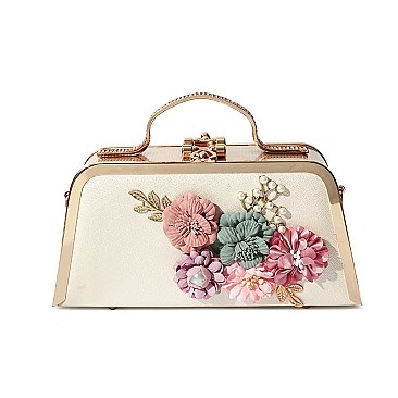 3D Flower-Pearl Design Metal Frame Satchel