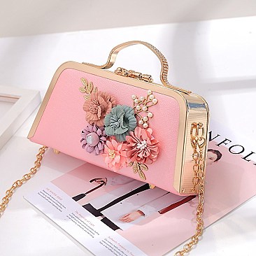 3D Flower-Pearl Design Metal Frame Satchel