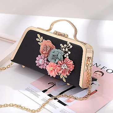 3D Flower-Pearl Design Metal Frame Satchel