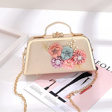 3D Flower-Pearl Design Metal Frame Satchel