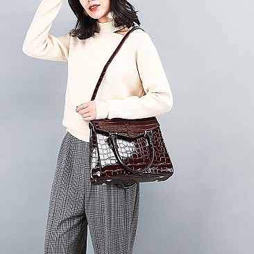 ELEGANT CROCODILE SKIN PATTENT SATCHEL