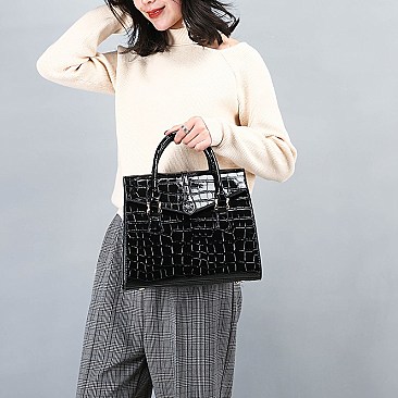 ELEGANT CROCODILE SKIN PATTENT SATCHEL