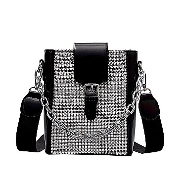 RHINESTONE & CHAIN ACCENTED SHOULDER CROSS-BODY BAG