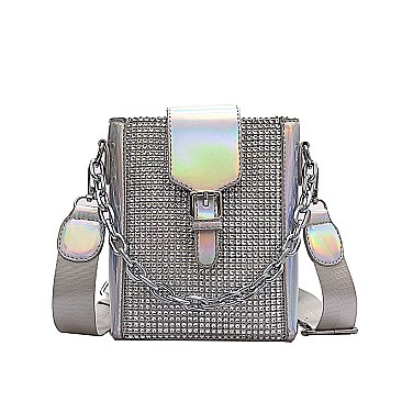 RHINESTONE & CHAIN ACCENTED SHOULDER CROSS-BODY BAG