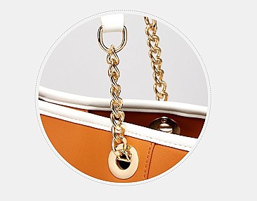 3 IN 1 CHAIN-LEATHER STRAP SMOOTH TEXTURED TOTE CLUTCH WALLET SET