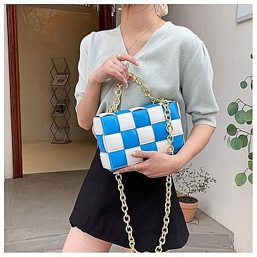 CHECKERED WEAVE CHAIN STRAPS HOULDER MESSENGER BAG