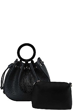 2 IN 1 CROCO PATTERN DRAWSTRING CLOSURE SATCHEL WITH POUCH