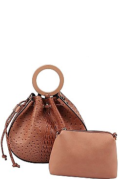2 IN 1 CROCO PATTERN DRAWSTRING CLOSURE SATCHEL WITH POUCH