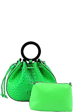 2 IN 1 CROCO PATTERN DRAWSTRING CLOSURE SATCHEL WITH POUCH