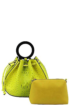2 IN 1 CROCO PATTERN DRAWSTRING CLOSURE SATCHEL WITH POUCH