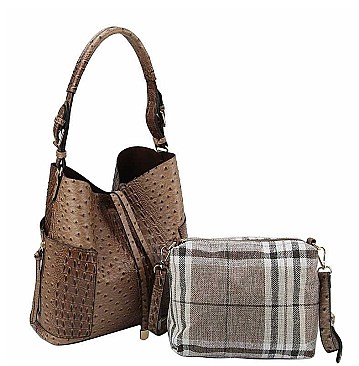 Ostrich Croc Side Zip Pocket 2-in-1 Shoulder Bag Hobo & POUCH SET