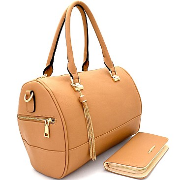 [S]LHU0281W-LP Tassel Accent Multi-Pocket Boston Satchel Wallet SET