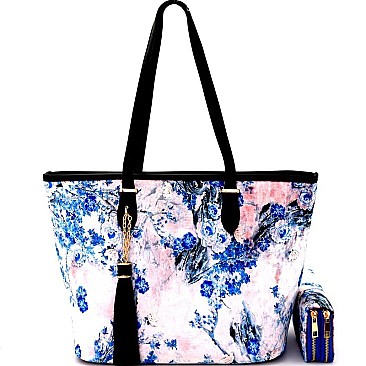 [S]LHU0492W-LP Artistic Flowery Painting Print Velvet Shopper Tote Wallet SET