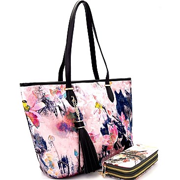 [S]LHU0492W-LP Artistic Flowery Painting Print Velvet Shopper Tote Wallet SET
