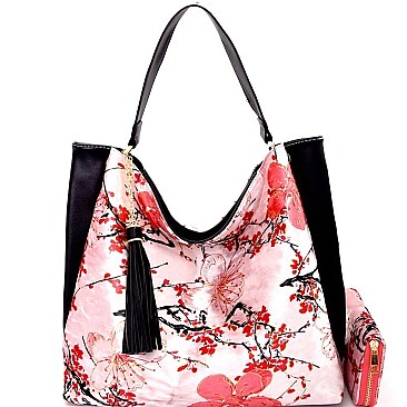 [S]LHU0501W-LP Artistic Flowery Painting Print Velvet Hobo Wallet SET