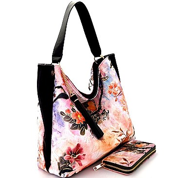 [S]LHU0501W-LP Artistic Flowery Painting Print Velvet Hobo Wallet SET