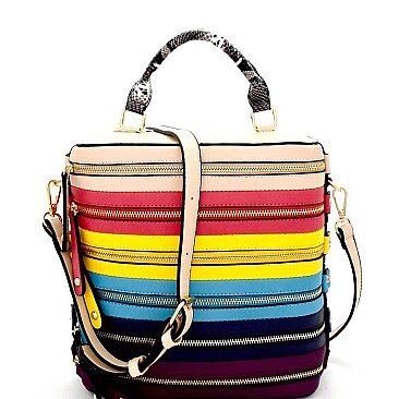 Zipper Accent Color Block Stripe Embossed Boxy Satchel  LHU102-LP