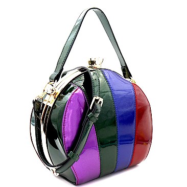 Multi-colored Patchwork Patent Frame Round Satchel MH-LHU162PT