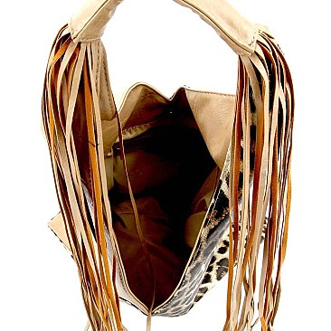 Leopard Accent Fringed Hobo SET & Wallet - DESIGNER LIKE