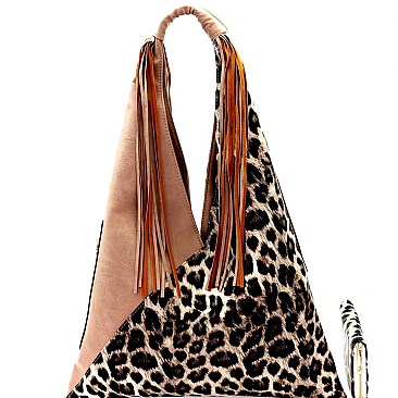 Leopard Accent Fringed Hobo SET & Wallet - DESIGNER LIKE