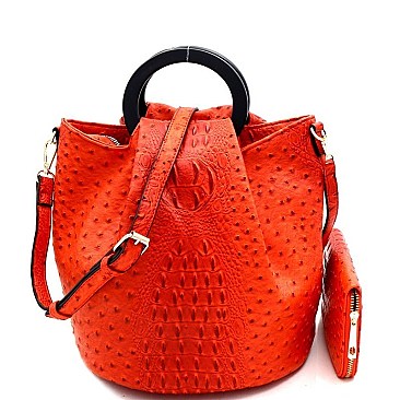 2-Way Handle Accent Ostrich Satchel Wallet SET