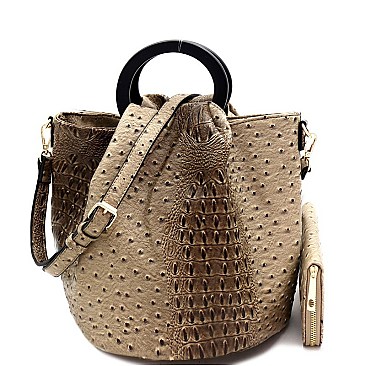 2-Way Handle Accent Ostrich Satchel Wallet SET