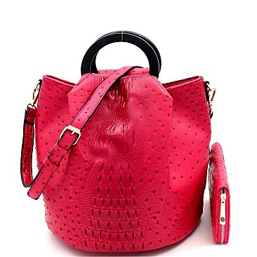 2-Way Handle Accent Ostrich Satchel Wallet SET