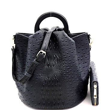 2-Way Handle Accent Ostrich Satchel Wallet SET