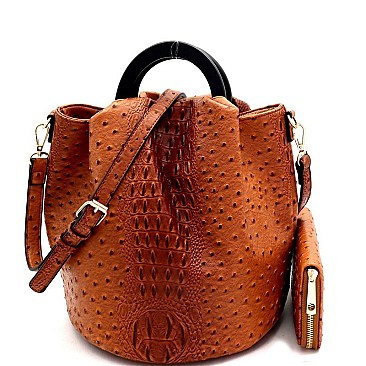 2-Way Handle Accent Ostrich Satchel Wallet SET