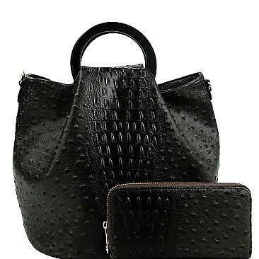 Handle Accent Ostrich Embossed 2-Way Satchel Wallet Set