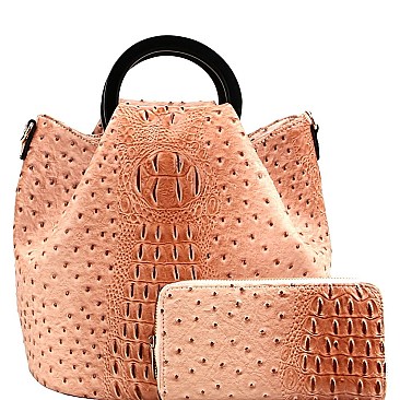 Handle Accent Ostrich Embossed 2-Way Satchel Wallet Set