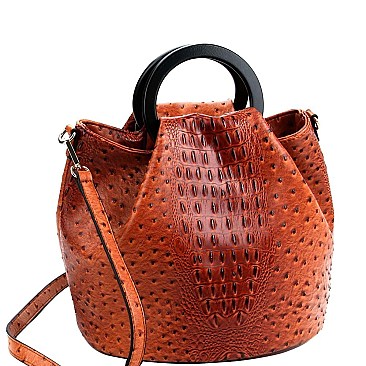 Handle Accent Ostrich Embossed 2-Way Satchel Wallet Set