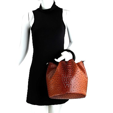 Handle Accent Ostrich Embossed 2-Way Satchel Wallet Set