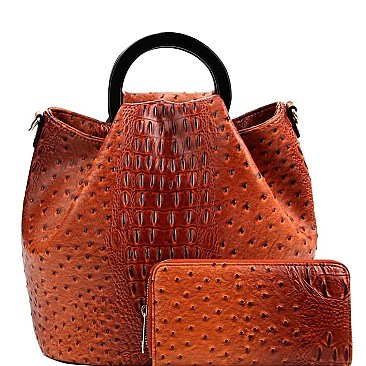 Handle Accent Ostrich Embossed 2-Way Satchel Wallet Set