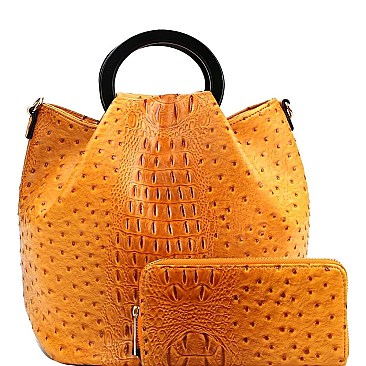 Handle Accent Ostrich Embossed 2-Way Satchel Wallet Set