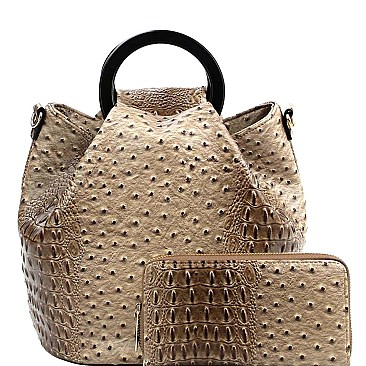 Handle Accent Ostrich Embossed 2-Way Satchel Wallet Set