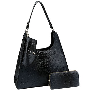 3 in 1 Ostrich Print Single Strap Hobo Wallet SET