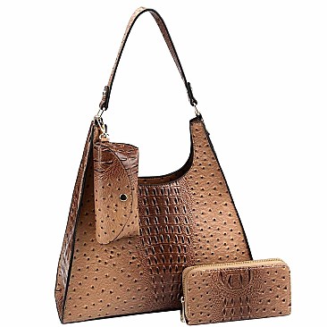 3 in 1 Ostrich Print Single Strap Hobo Wallet SET