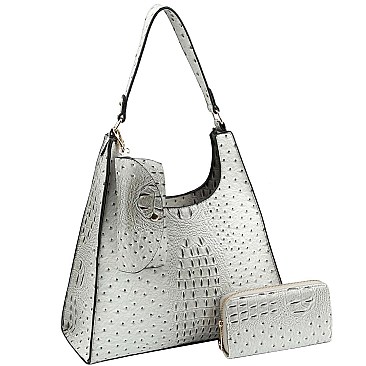 3 in 1 Ostrich Print Single Strap Hobo Wallet SET