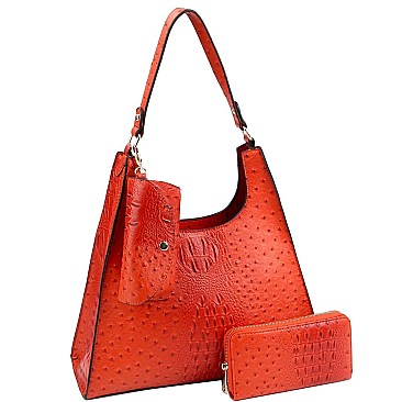 3 in 1 Ostrich Print Single Strap Hobo Wallet SET