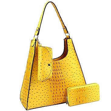 3 in 1 Ostrich Print Single Strap Hobo Wallet SET